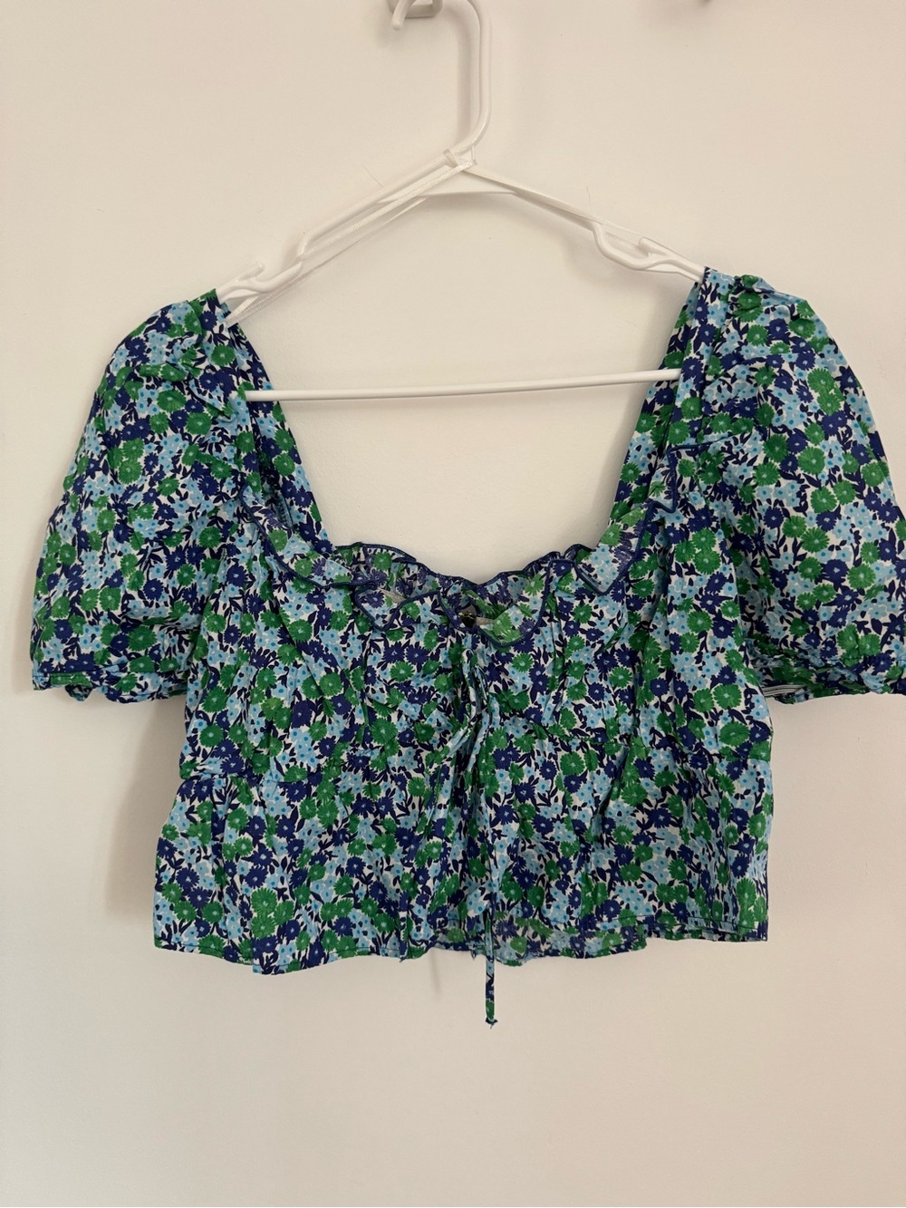 Zara Blue & Green Floral Square-Neck Puff Sleeve Crop Top